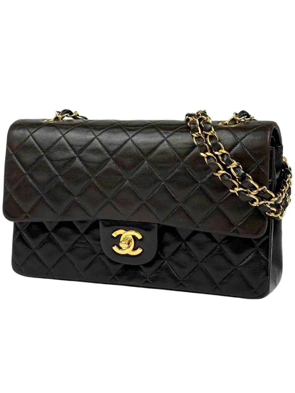Chanel Quilted Double Flap Chain Shoulder Bag CC Logo Leather Black